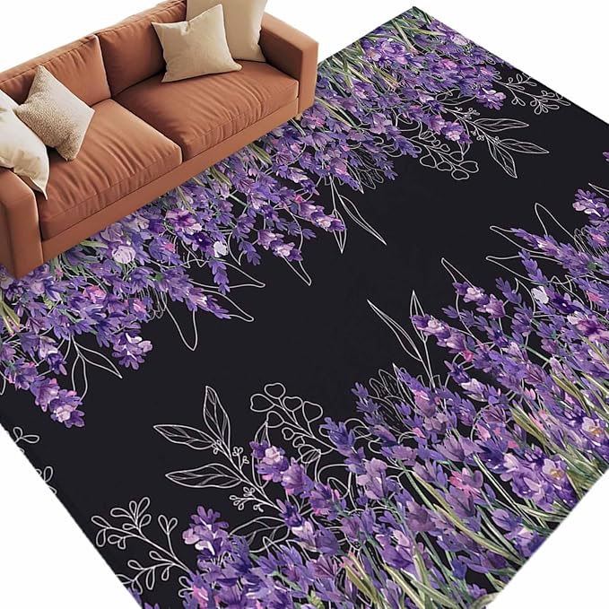 Area Rug 6x9ft, Spring Purple Lavender Flower Washable Rugs for Living Room Bedroom, Watercolor Floral on Black Soft Non-Slip Area Rugs Rectangle Floor Carpet for Dining Room