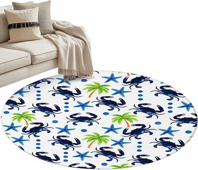 Washable Round Area Rug Abstract Blue Crab Starfish Circle Rugs Floor Carpet for Living Room Bedroom, Watercolor Palm Tree Soft Non Slip Round Rug 3ft