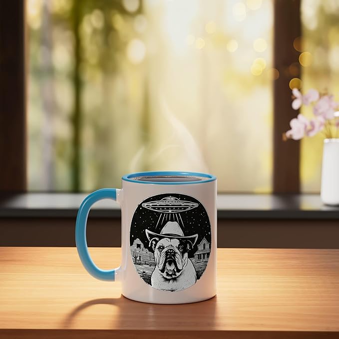 Retro UFO Cowboy Bulldog Western Sci Fi Alien Ceramic Mug, Blue/White