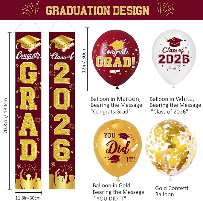 Graduation Decorations Class of 2026 - Maroon and Gold Graduation Party Supplies Include Backdrop, Banner, Hanging Swirls, Porch Sign, Balloons for Congrats Grad Decorations