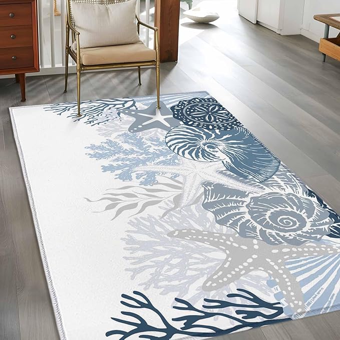Area Rug 4x6ft, Underwater Blue Shells Starfish Coral Washable Rugs for Living Room Bedroom, Summer Botantical Soft Non-Slip Area Rugs Rectangle Floor Carpet for Dining Room