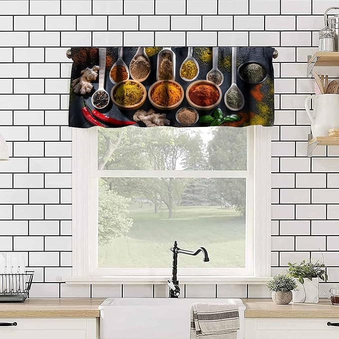 Kitchen Spices Valance, Vintage Cooking Seasoning Food Herb Bowls Spoons Farmhouse Rod Pocket Window Treatment for Cafe Resturant Bedroom Living Room, 54x18Inch