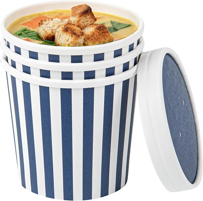 Restaurantware Bio Tek 12 Ounce Soup Containers 200 Durable Soup Bowls - Disposable Sustainable Blue And White Paper Soup Cups Striped Round For Hot Or Cold Foods