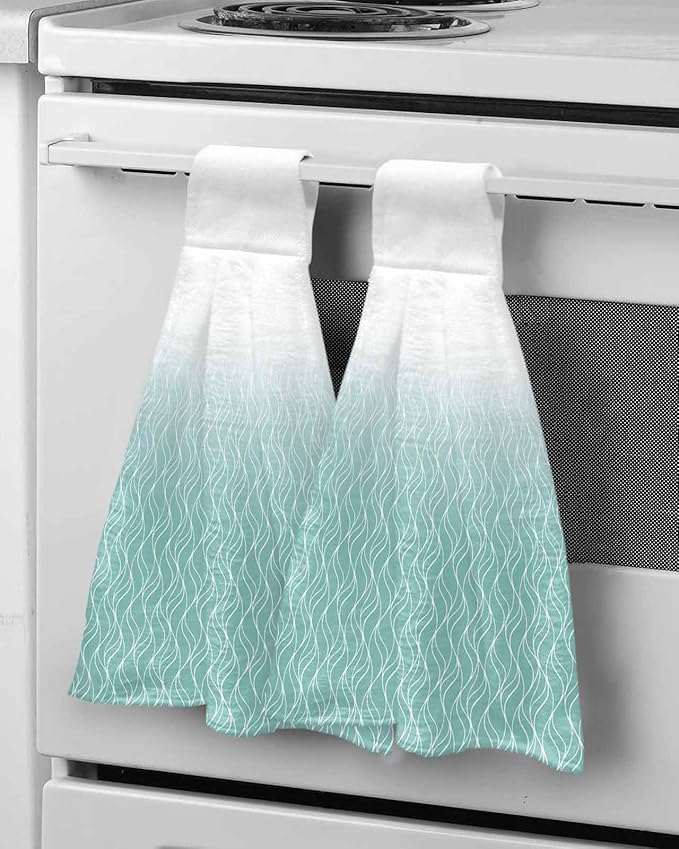 Alandar Home Kitchen Tie Towel Set of 1, Abstract White Wave Line Absorbent Soft Hand Towels for Bathroom Hanging Towels, Modern Stripe on Green Fast Drying Cleaning Cloth with Loop