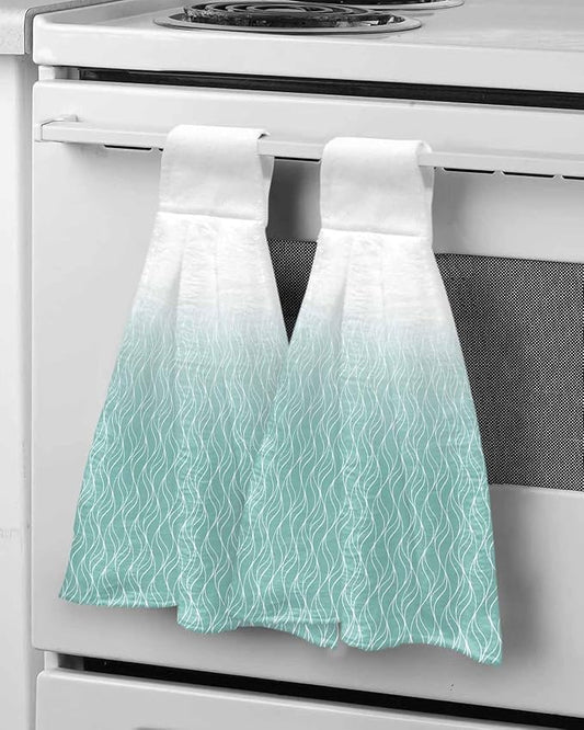 Alandar Home Kitchen Tie Towel Set of 2, Abstract White Wave Line Absorbent Soft Hand Towels for Bathroom Hanging Towels, Modern Stripe on Green Fast Drying Cleaning Cloth with Loop