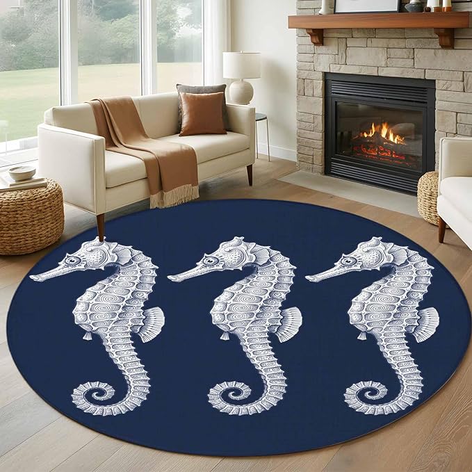 Washable Round Area Rug Ocean Life Seahorse Navy Blue Circle Rugs Floor Carpet for Living Room Bedroom, Summer Nautical Theme Soft Non Slip Round Rug 5ft