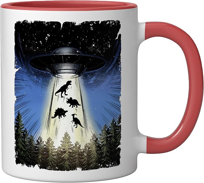 UFO Dinosaur Alien Abduction Flying Saucer Conspiracy Ceramic Mug, Red/White