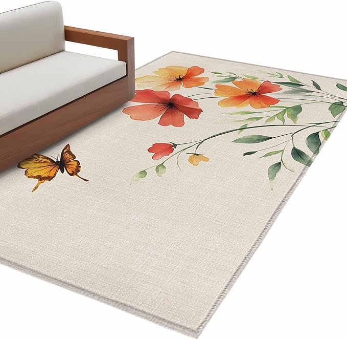 Area Rug 3x5ft, Summer Watercolor Flower Butterfly Washable Rugs for Living Room Bedroom, Green Leaves Retro Linen Soft Non-Slip Area Rugs Rectangle Floor Carpet for Dining Room