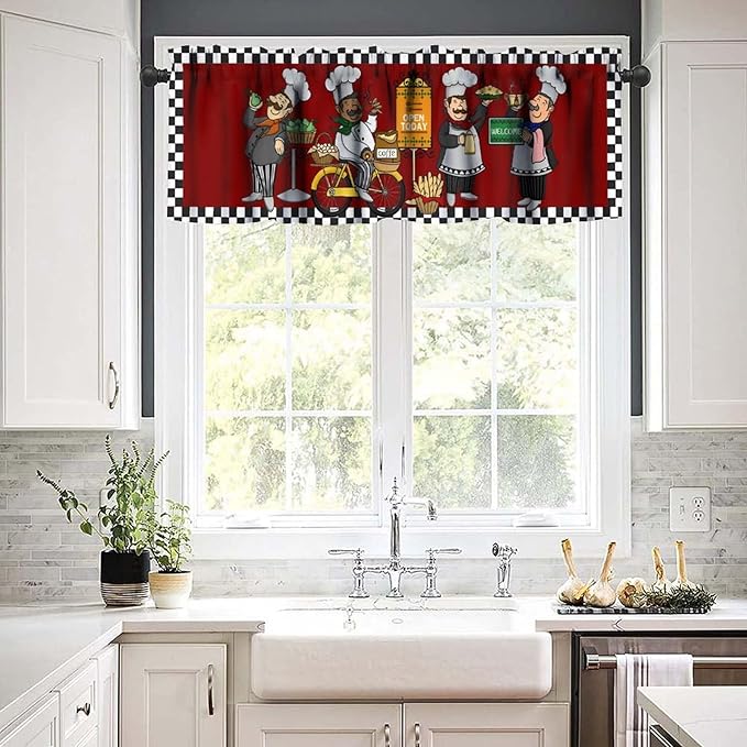Funny Chef Kitchen Valance, Vintage Checkered Cartoon Bakers Coffee Short Window Drapes for Kitchen Dining Room Resturant Bedroom, 54x18Inch