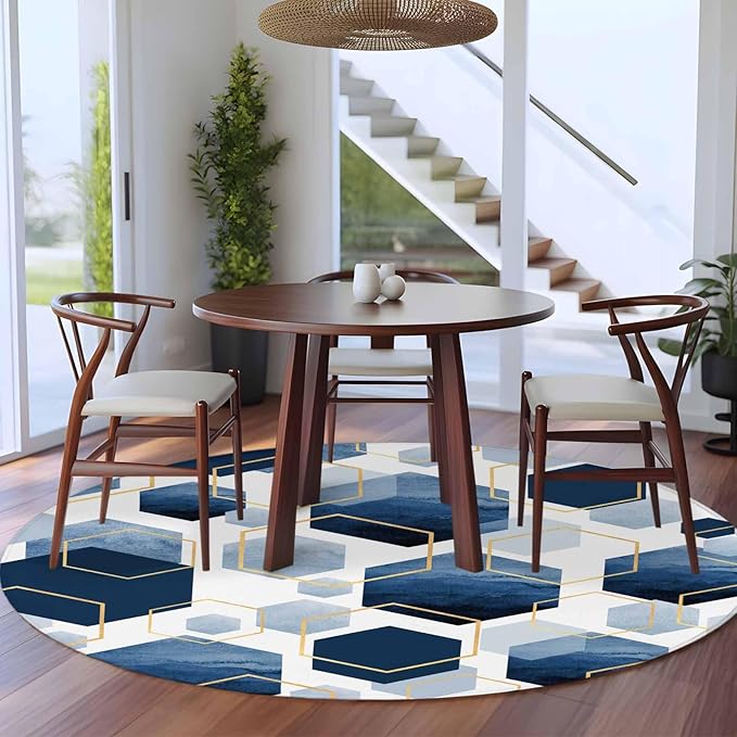Washable Round Area Rug Watercolor Blue Hexagon Circle Rugs Floor Carpet for Living Room Bedroom, Abstract Geometric Art Soft Non Slip Round Rug 5ft