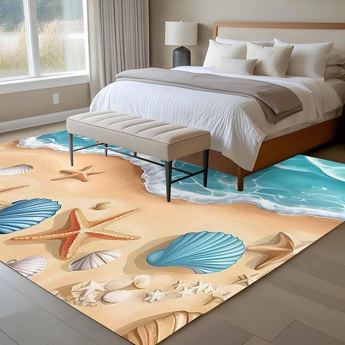 Area Rug 6x9ft, Summer Beach Shell Starfish Washable Rugs for Living Room Bedroom, Marine Life Cartoon Style Soft Non-Slip Area Rugs Rectangle Floor Carpet for Dining Room