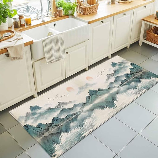 Runner Rug for Bedroom Hallway, Chinese Zen Landscape Ombre Kitchen Runner Rugs Area Rug 2x6ft, Abstract Mountain Lake Washable Soft Floor Carpet for Entryway Stair