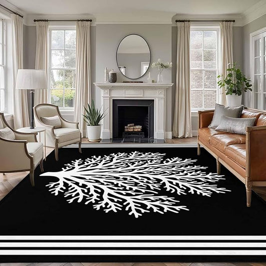 Area Rug 8x10ft, Coastal Coral Reef Texture Washable Rugs for Living Room Bedroom, Ocean Theme Black White Soft Non-Slip Area Rugs Rectangle Floor Carpet for Dining Room