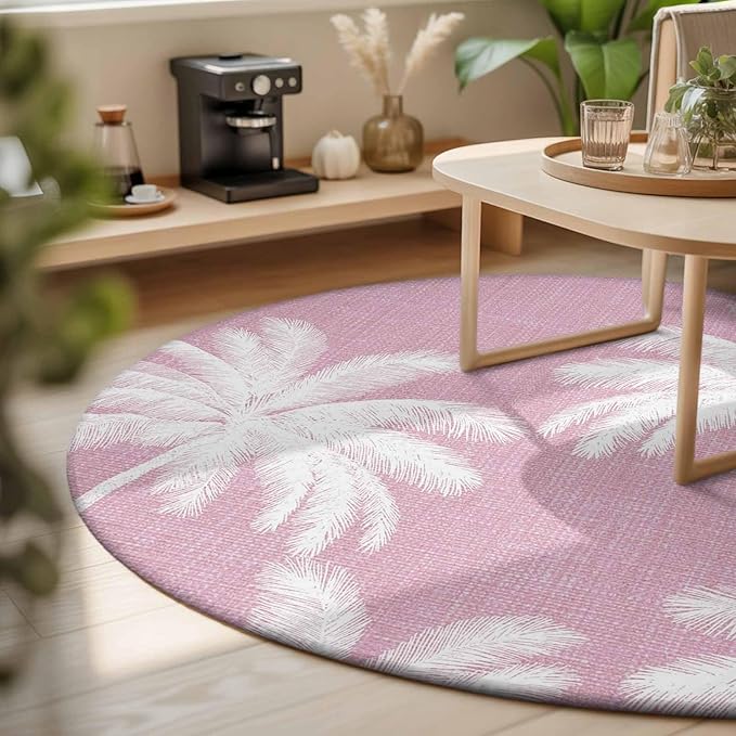 Washable Round Area Rug Boho Pink Palm Trees Vintage Circle Rugs Floor Carpet for Living Room Bedroom, Summer Tropical Leaves Soft Non Slip Round Rug 3ft