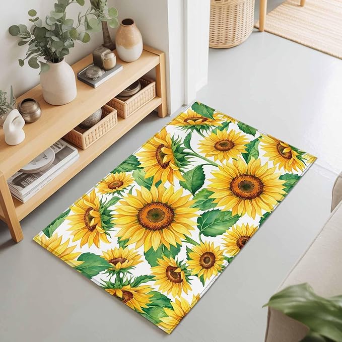 Area Rug 2x3ft, Summer Garden Sunflower Leaves Washable Rugs for Living Room Bedroom, Farm Blossom Floral Soft Non-Slip Area Rugs Rectangle Floor Carpet for Dining Room