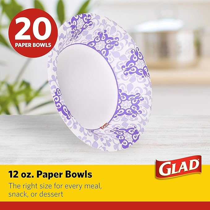 Glad Round Disposable Paper Bowls, Purple Victorian Design - Heavy Duty, Soak-Proof, Cut-Resistant, Microwavable Paper Bowls for All Foods and Daily Use, 12 oz, 20 Count - 2 Pack