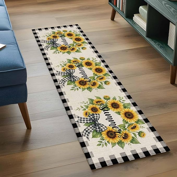 Runner Rug for Bedroom Hallway, Summer Words Farm Sunflowers Kitchen Runner Rugs Area Rug 2x6ft, Butterflies Country Floral Washable Soft Floor Carpet for Entryway Stair