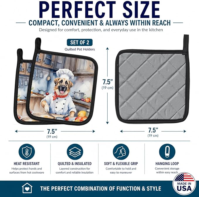 Caroline's Treasures Anatolian Shepherd The Chef Pair of Pot Holders Kitchen Heat Resistant Pot Holders Sets Oven Hot Pads for Cooking Baking BBQ, 7 1/2 x 7 1/2