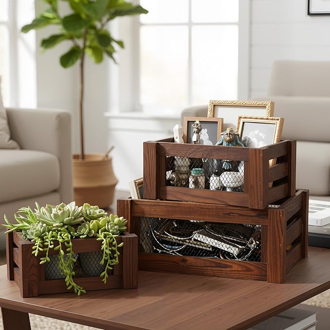 Kathfly Set of 3 Rustic Nesting Crates, Wooden Organizer Boxes Basket, Small Decorative Wood Wire Containers with Handle for Countertop Display, Fruit, Veggies, Kitchen, Bathroom, Pantry Storage