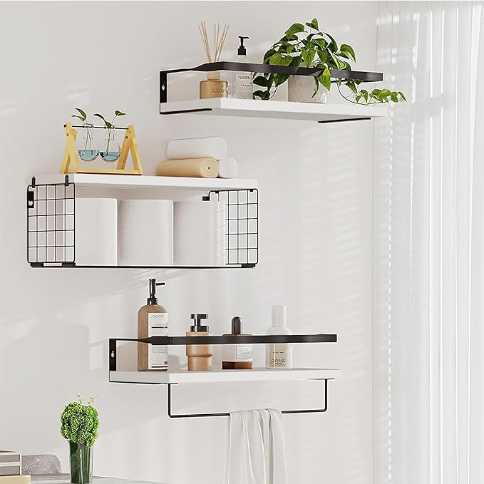 Upgrade Towel Racks for Bathroom Wall Mounted, 3 Pack Floating Shelves with Storage Basket, Bathroom Organizes, Wall Mounted Rustic Wood Shelves for Bedroom, Living Room, Kitchen (White)