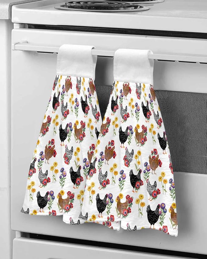 Alandar Home Kitchen Tie Towel Set of 1, Farmhouse Chicken Colorful Poppy Absorbent Soft Hand Towels for Bathroom Hanging Towels, Spring Floral Leaves Fast Drying Cleaning Cloth with Loop