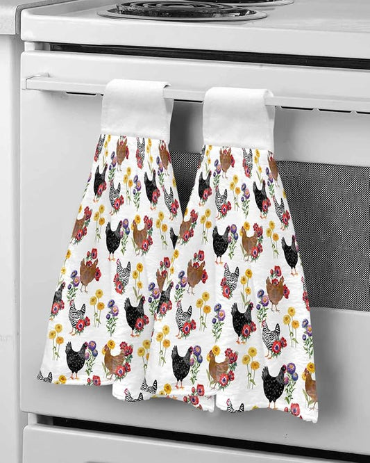 Alandar Home Kitchen Tie Towel Set of 2, Farmhouse Chicken Colorful Poppy Absorbent Soft Hand Towels for Bathroom Hanging Towels, Spring Floral Leaves Fast Drying Cleaning Cloth with Loop