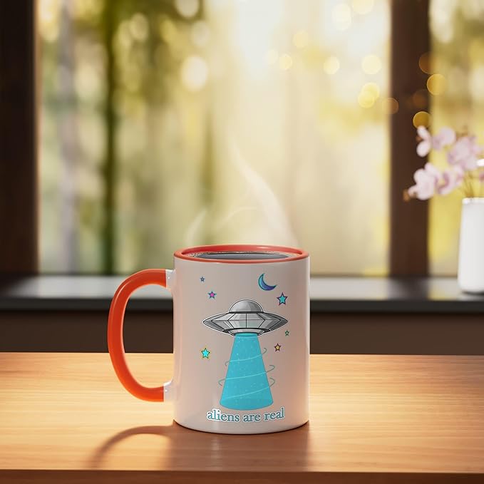 Aliens Are Real Retro UFO Flying Saucer Beam Space Ceramic Mug, Orange/White