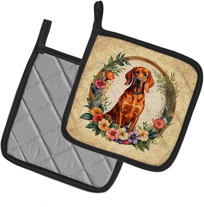 Caroline's Treasures Redbone Coonhound and Flowers Pair of Pot Holders Kitchen Heat Resistant Pot Holders Sets Oven Hot Pads for Cooking Baking BBQ, 7 1/2 x 7 1/2