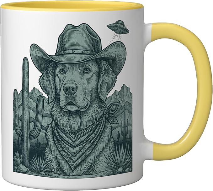 Cowboy Golden Retriever With Ufo Western Dog Art Ceramic Mug, Yellow/White