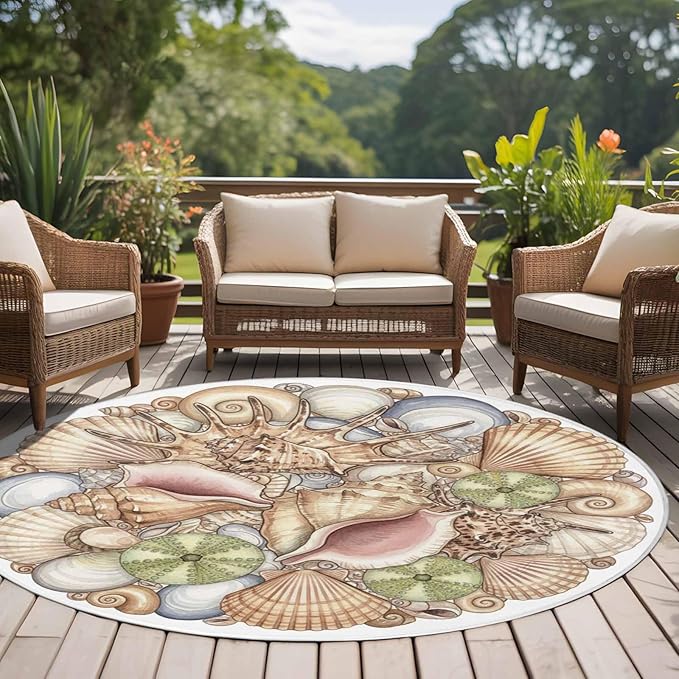 Washable Round Area Rug Coastal Colorful Shell Conch Circle Rugs Floor Carpet for Living Room Bedroom, Modern Abstract Art Soft Non Slip Round Rug 5ft