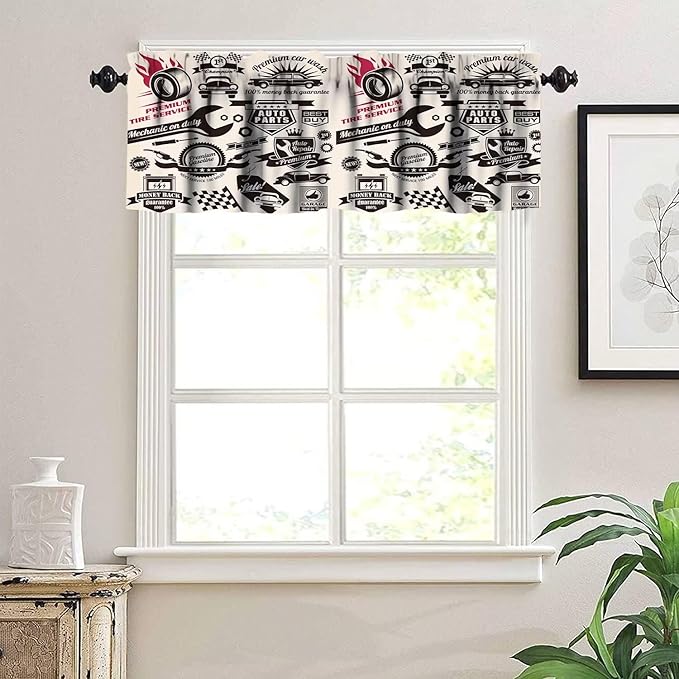 Retro Man Valances Curtains, Car Repair Shop Logos Monochrome Car Silhouettes Best Garage in Town, Windows Short Curtain Valance for Kitchen Bedroom Bathroom with Rod Pocket, 1 Panel 54X18 Inches