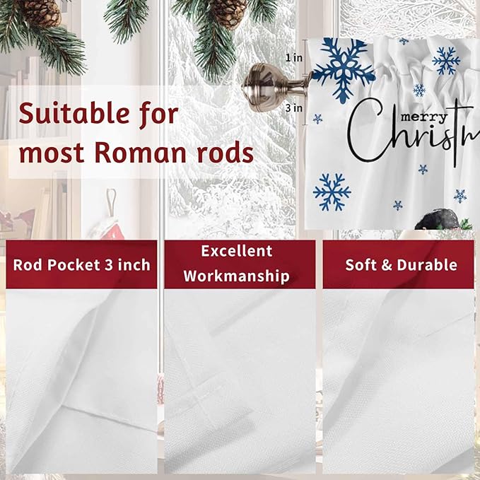 Prime Leader Merry Christmas Swag Valance Curains Snowflake Blue Xmas Tree Snowman Rod Pocket Kitchen Curtains Scalloped Window Treatment Valances Swag for Living Room Bedroom, 1 Pair, 28" W x 36" L