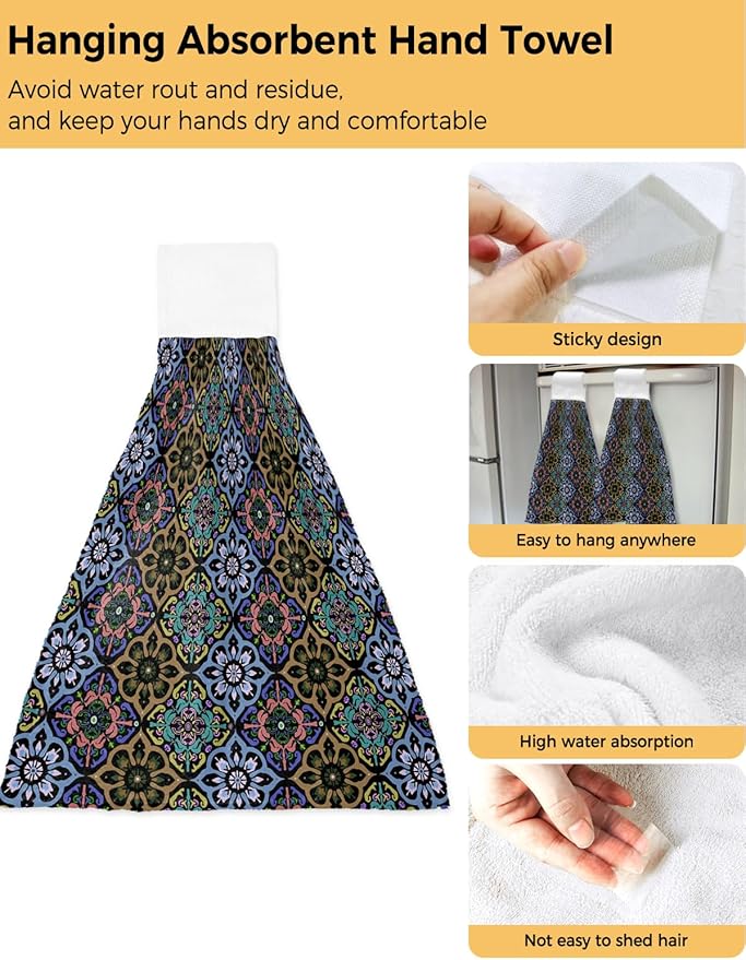 Alandar Home Kitchen Tie Towel Set of 2, Damask Baroque Ethnic Floral Bohemian Absorbent Soft Hand Towels for Bathroom Hanging Towels, Rhombus Geometric Art Fast Drying Cleaning Cloth with Loop