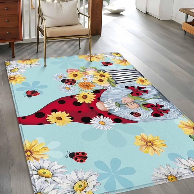 Area Rug 3x5ft, Summer Ladybug Gnome Daisy Flower Washable Rugs for Living Room Bedroom, Watercolor Bloom Floral on Blue Soft Non-Slip Area Rugs Rectangle Floor Carpet for Dining Room