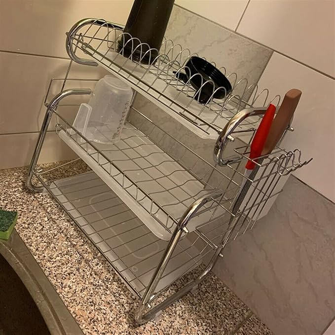 3 Tier Kitchen Chrome Dish Drainer Utensil Bowl Plates Holder Rack Drip Tray (Color : Green) (White)