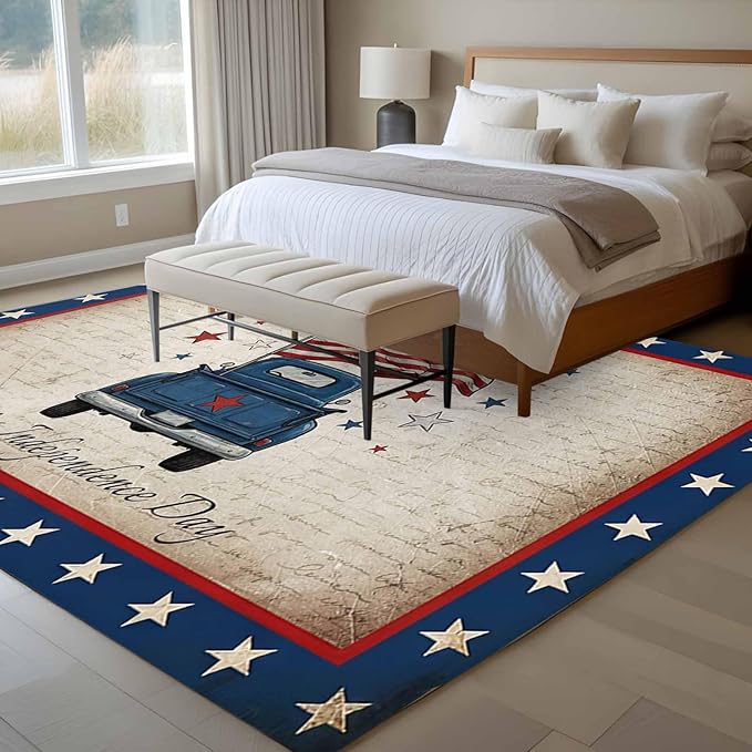 Area Rug 6x9ft, Happy Independence Day USA Flag Washable Rugs for Living Room Bedroom, Retro Blue Truck Soft Non-Slip Area Rugs Rectangle Floor Carpet for Dining Room
