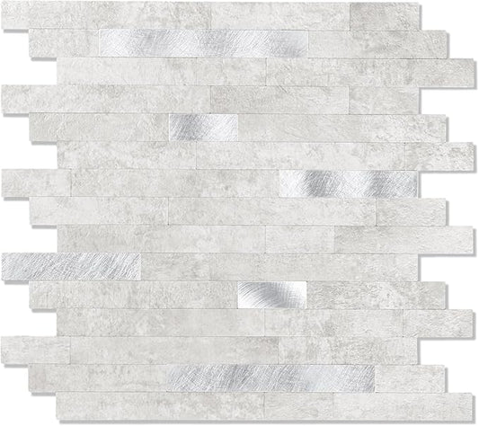 10 - Sheet Peel and Stick Backsplash Wall Tile, PVC Kitchen Backsplash, Stick on Tiles for Backsplash Kitchen (12'' X 12'', White Gray)
