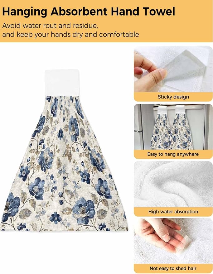 Alandar Home Kitchen Tie Towel Set of 1, Vintage Blue Blossom Flower Art Absorbent Soft Hand Towels for Bathroom Hanging Towels, Floral Leaves on Burlap Fast Drying Cleaning Cloth with Loop