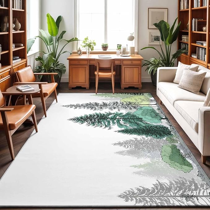 Area Rug 9x12ft, Minimalist Pine Tree Washable Rugs for Living Room Bedroom Rectangle Floor Carpet, Farmhouse Watercolor Plants Soft Non-Slip Area Rugs for Dining Room