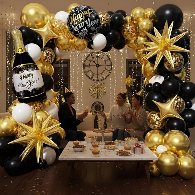 Black and Gold White Balloons Garland Arch Kit - Different Size Balloons Gold Fringe Curtain Backdrop for Graduation Birthday Anniversary New Years Theme Party Decorations