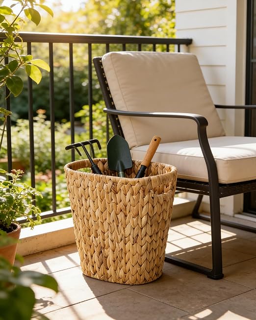 Handwoven Water Hyacinth Trash Can - Natural Wicker Waste Basket with Wooden Handles, Slim Oval Design for Bathroom, Bedroom, Office (13"x7.5"x12") | Eco-Friendly & Space-Saving Storage Bin (1)
