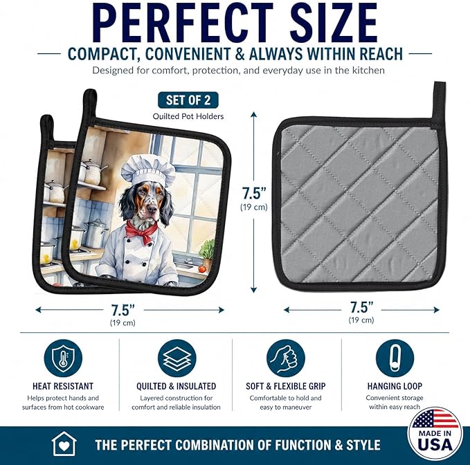 Caroline's Treasures English Setter The Chef Pair of Pot Holders Kitchen Heat Resistant Pot Holders Sets Oven Hot Pads for Cooking Baking BBQ, 7 1/2 x 7 1/2