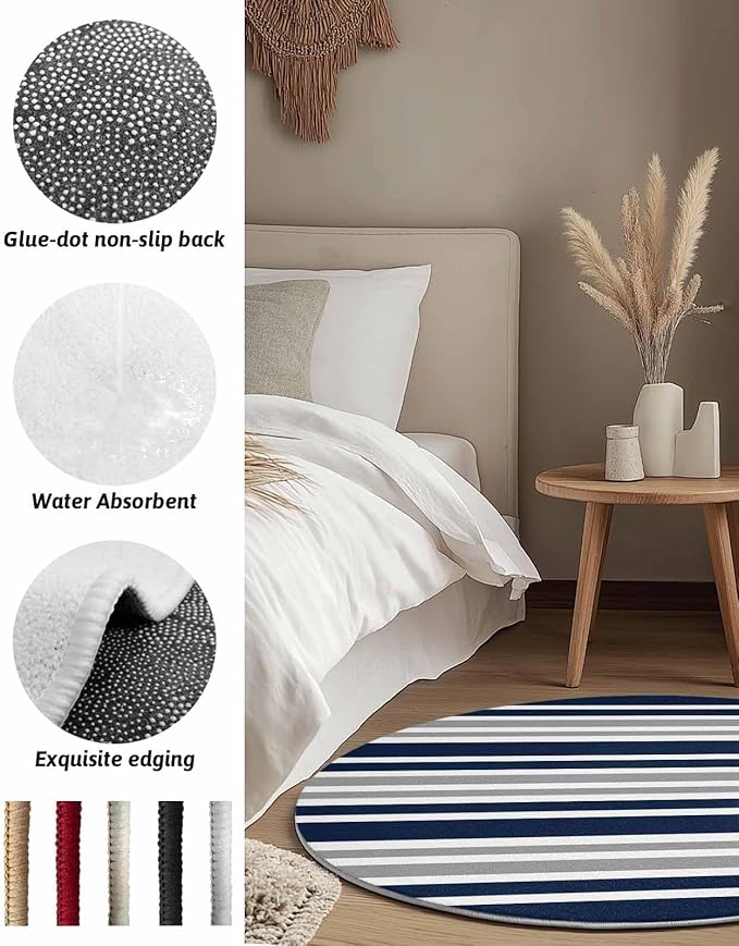 Round Area Rug,Navy Blue Gray Stripe Circle Living Room Rug Non-Slip Rugs Indoor Carpet,Modern Minimalist Style Soft Comfort Rugs for Bedroom KidsRoom Nursery