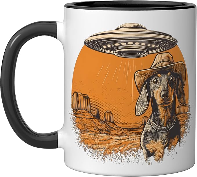 Retro Western UFO Dachshund Cowboy Alien Sci Fi Desert Ceramic Mug, Black/White
