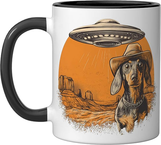 Retro Western UFO Dachshund Cowboy Alien Sci Fi Desert Ceramic Mug, Black/White