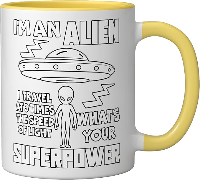 I'm An Alien Silhouette First Contact Space Apparel Ceramic Mug, Yellow/White