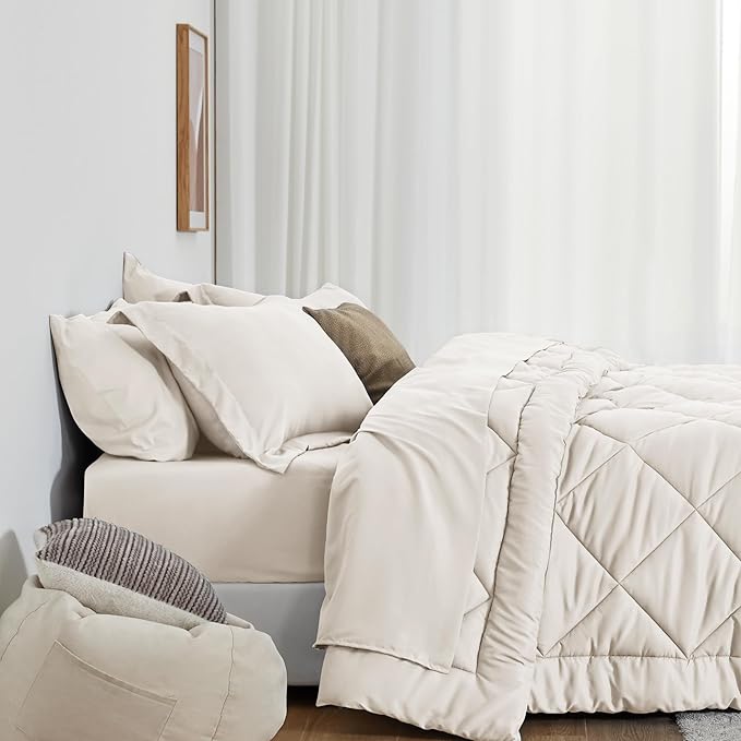 Love's cabin Queen Comforter Set Off White, 7 Pieces Queen Bed in a Bag, All Season Bedding Sets with 1 Comforter, 1 Flat Sheet, 1 Fitted Sheet, 2 Pillowcase and 2 Pillow Sham | Soft, Breathable, Lightweight, Comfortable