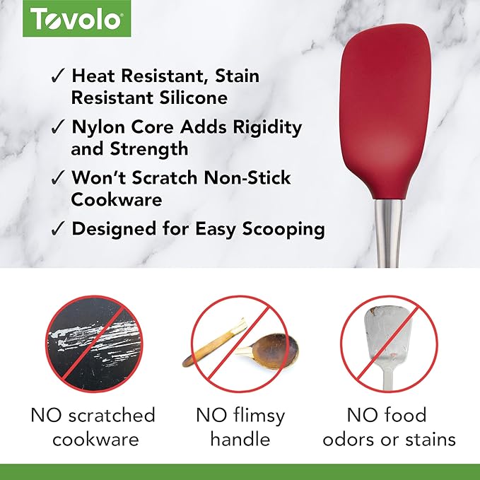 Tovolo Spoon Spatula Spoonula with Stainless Steel Handle Ergonomic Grip Cayenne Red, Silicone Scoopula Kitchen Utensil Non Scratch Easy Clean Dishwasher Safe Heat Resistant Flex Core Scoop Spatula
