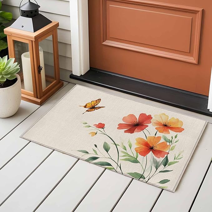 Area Rug 2x3ft, Summer Watercolor Flower Butterfly Washable Rugs for Living Room Bedroom, Green Leaves Retro Linen Soft Non-Slip Area Rugs Rectangle Floor Carpet for Dining Room