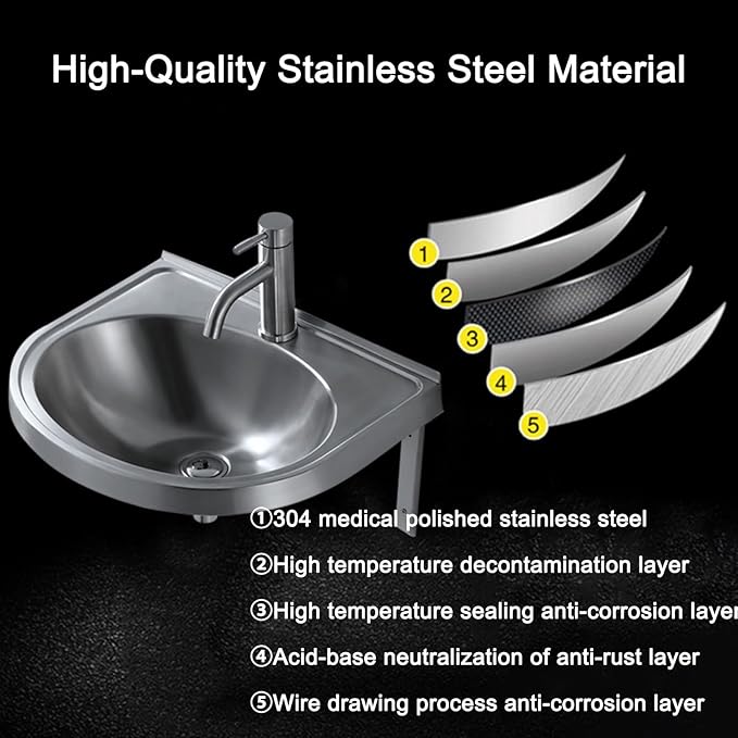 Wall Mounted Commercial Restaurant Sink, Stainless Steel Hand Basin with Faucet and Drain, Single Bowl Kitchen Sinks, for Commercial Restaurant Home Kitchen Workshop,Hot and cold water faucet-1
